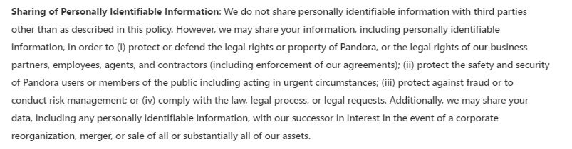 Pandora Privacy Policy: Sharing Personally Identifiable Information clause