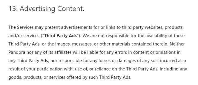 Pandora Terms of Use: Advertising Content clause