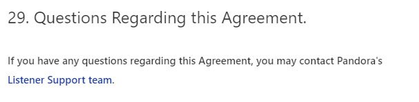 Pandora Terms of Use: Contact us / Questions Regarding this Agreement clause