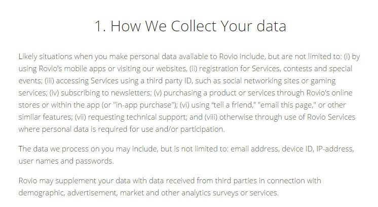 Rovio Privacy Policy: How we collect your data clause