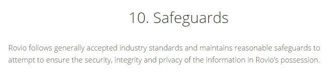 Rovio Privacy Policy: Safeguards clause