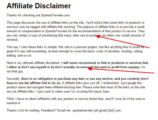 Example of Affiliate Disclaimer from Spartan Traveler