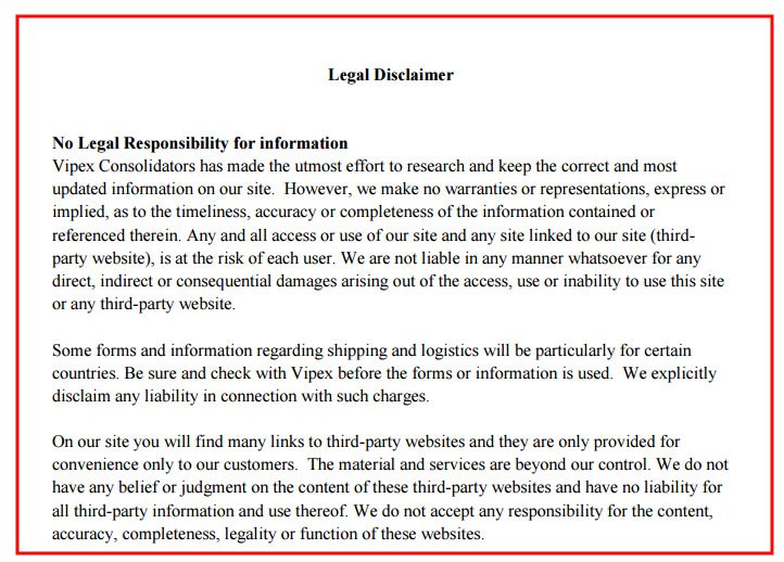 Example of Legal Disclaimer from Vipex