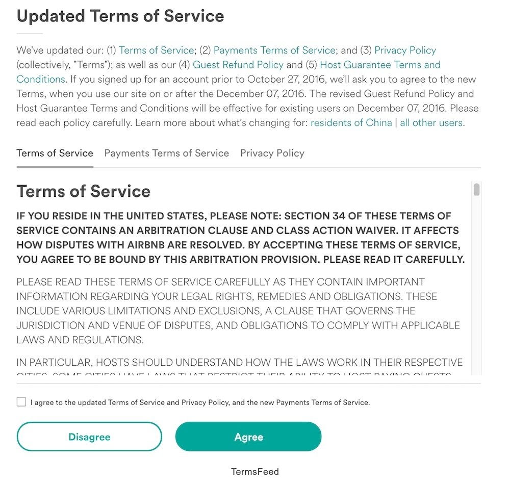 AirBnb Updated Terms of Service in Jun 2017: Checkbox with clickwrap