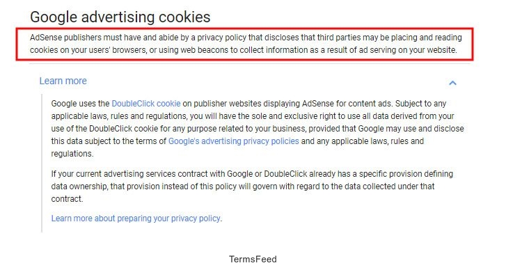 Google AdSense Program Policies: Google Advertising Cookies