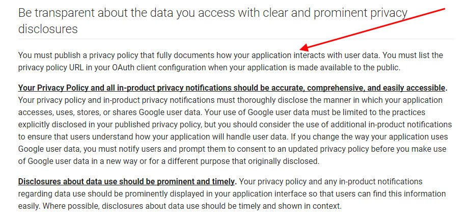 Google User Data Policy on the Requirement of a Privacy Notice