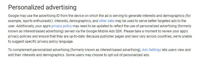 Google Behavioral Policies Personalized Advertising Intro