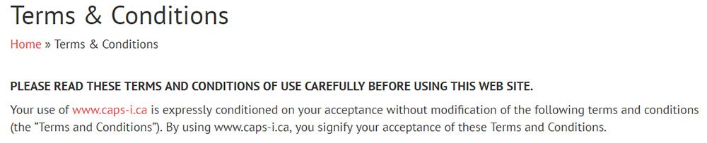 The Canadian Association of Public Schools Terms and Conditions telling users to read the Terms before using website