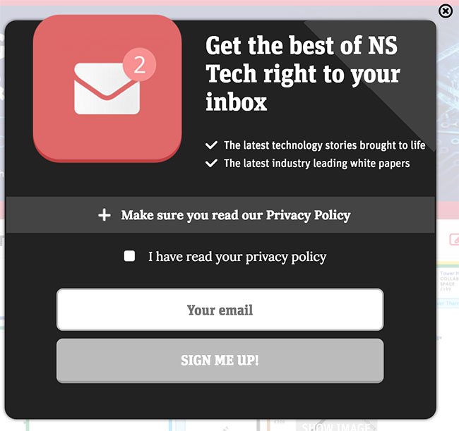 Tech New Statesman: Notification about Privacy Policy before users can submit email address