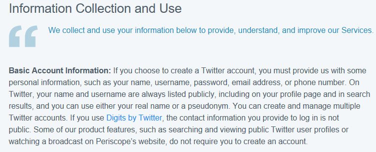 Twitter Privacy Policy Information Collection and Use section uses bold and colored font for contrast