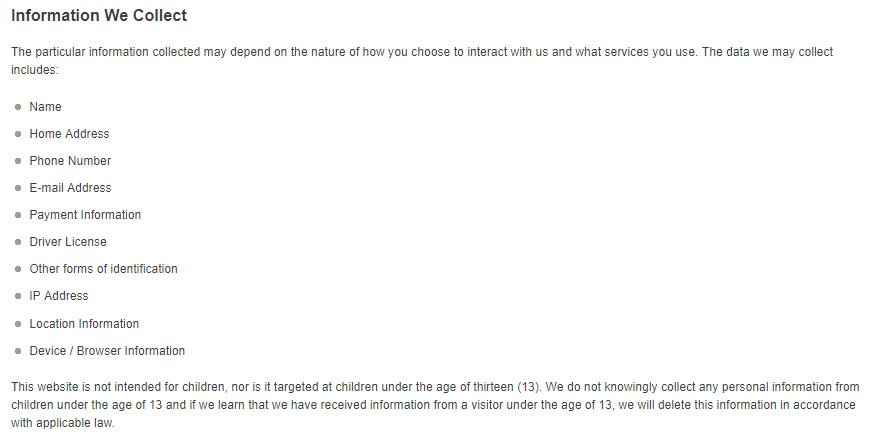 Uhaul’s Privacy Policy Information We Collect Clause with List