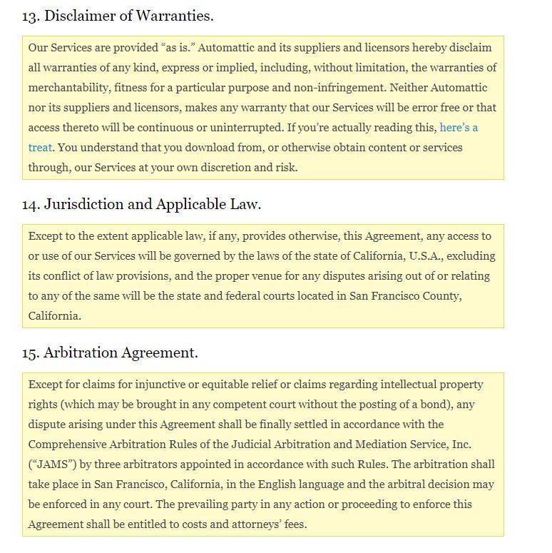 Wordpress Terms and Conditions uses headings and section titles for emphasis