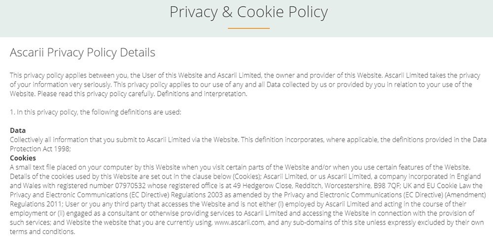 Ascarii combines a Privacy and Cookie Policy