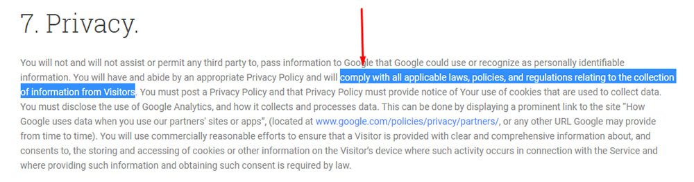 Google Analytics Terms of Service requires compliance with applicable laws