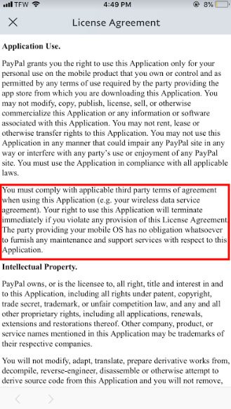 PayPal app EULA: Comply with third party terms clause