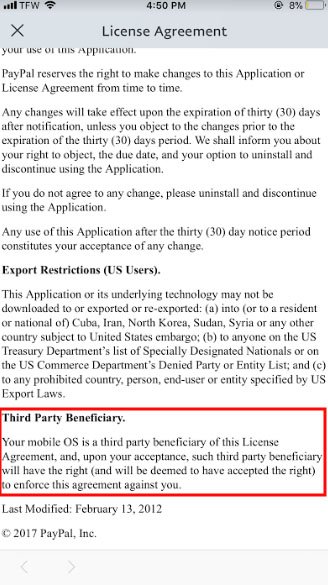 PayPal app EULA: Third Party Beneficiary clause