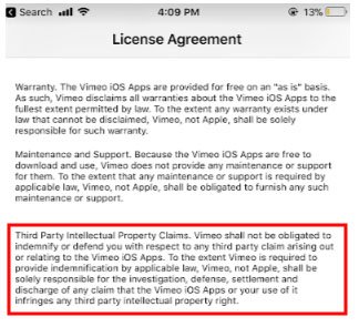 Vimeo app EULA Intellectual Property Claims clause