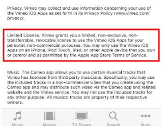 Vimeo app EULA Limited License clause