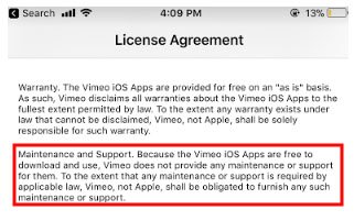 Vimeo app EULA Maintenance and Support clause