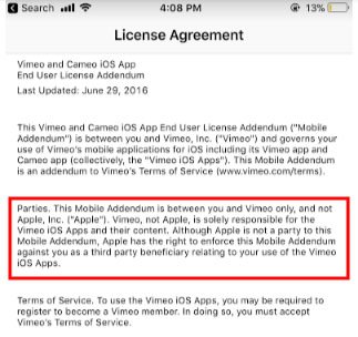 Vimeo app EULA Parties clause