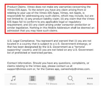 Vimeo app EULA Product Claims clause