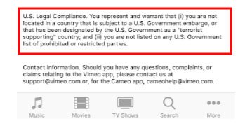 Vimeo app EULA US Legal Compliance clause