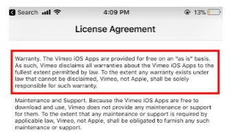 Vimeo app EULA Warranty clause