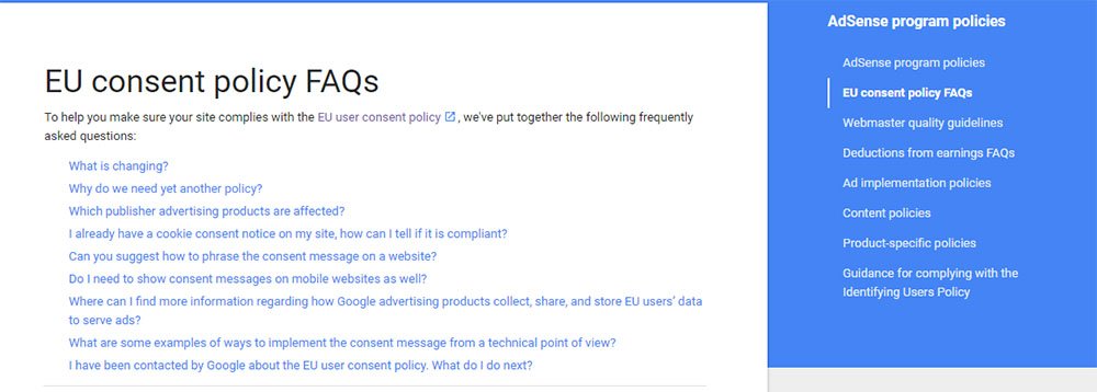 EU Consent Policy FAQs linked from AdSense Program Policies