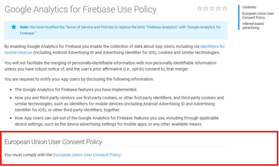 Google Analytics for Firebase Use Policy with EU User Consent Policy highlighted