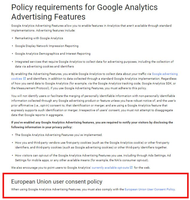 Policy Requirements for Google Analytics Advertising with the EU User Consent Policy highlighted