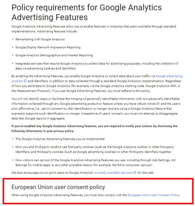 Policy Requirements for Google Analytics Advertising with the EU User Consent Policy highlighted