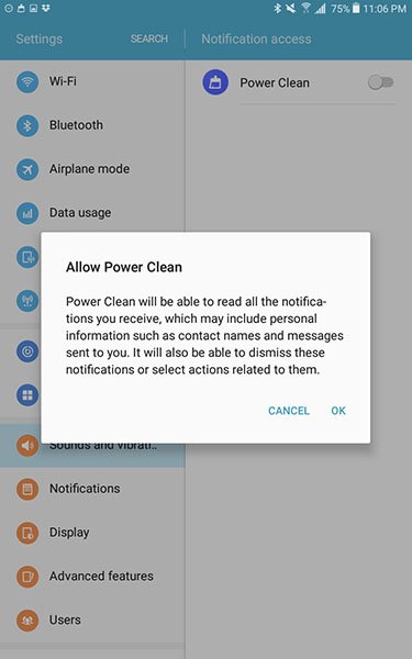 Power Clean Android app requesting to read notifications