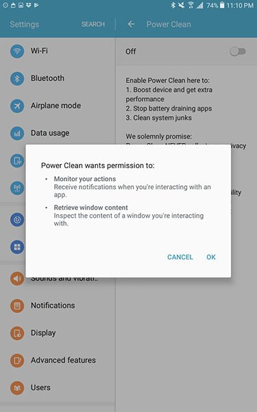 Power Clean Android app permission request dialogue box