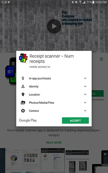 Receipt Scanner Android app Permissions Accept box