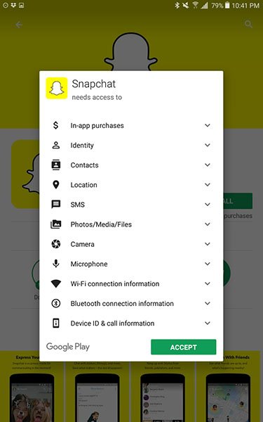 Snapchat Android app Permissions Accept box