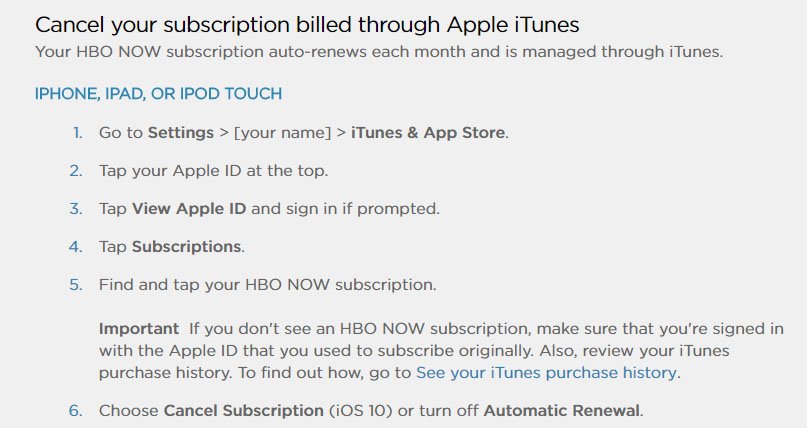 HBO Now mobile app FAQ: Cancel subscription through Apple iTunes instructions