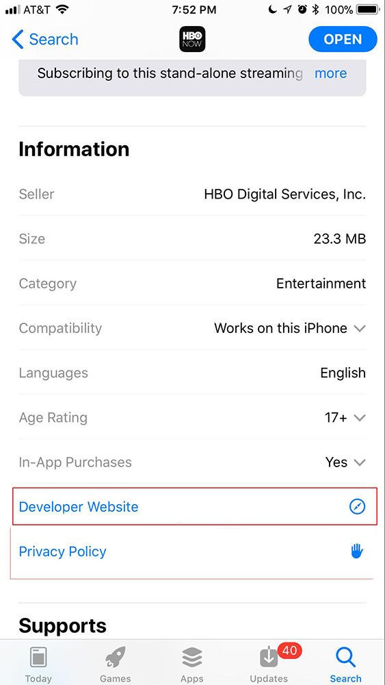 HBO Now iOS app store listing with developer website highlighted