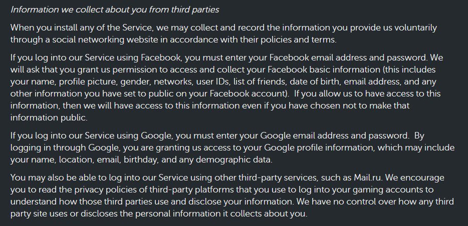 Plarium Privacy Policy: Information We Collect From Third Parties clause