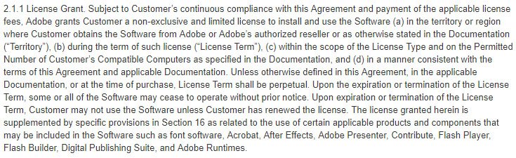 Adobe EULA: License Grant clause