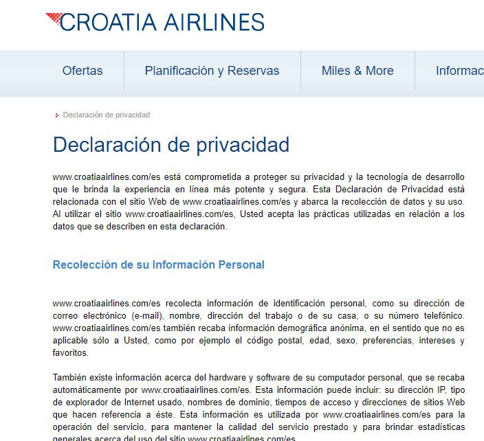 Croatia Airlines Privacy Policy - Spanish version intro