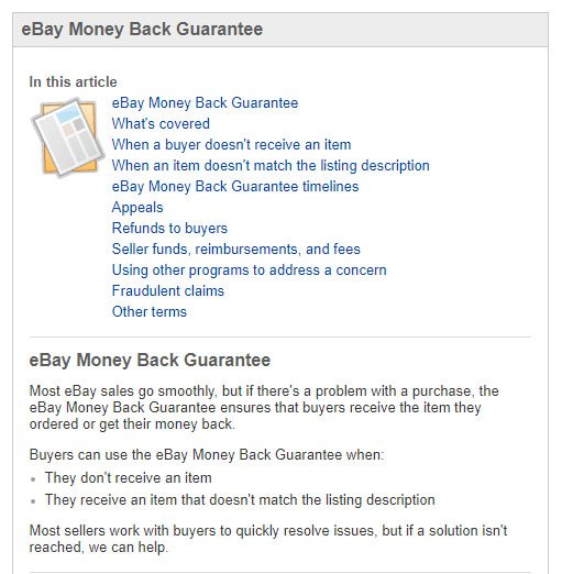 eBay Money Back Guarantee menu