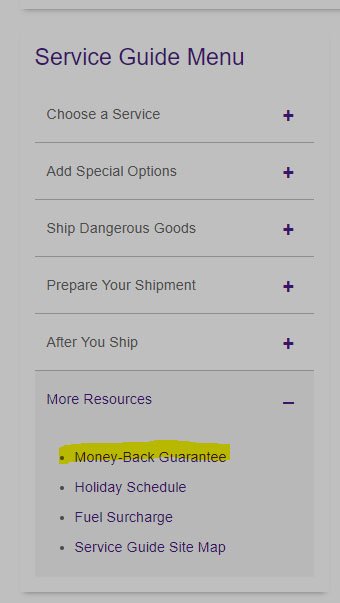 FedEx Service Guide menu with Money Back Guarantee link highlighted