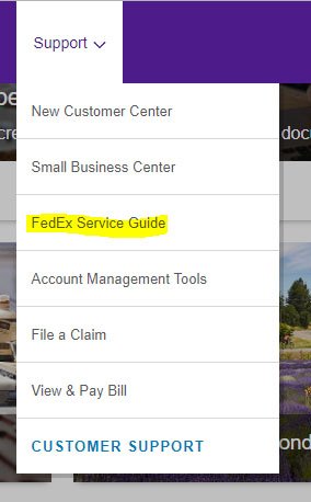 FedEx Support tab with Service Guide link highlighted