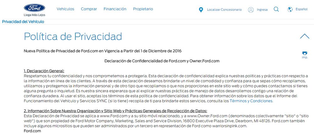 Ford Motor Co. Spanish version of Privacy Policy: Intro section