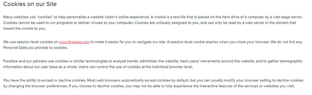 Foresee Privacy Policy: Cookies on our Site clause