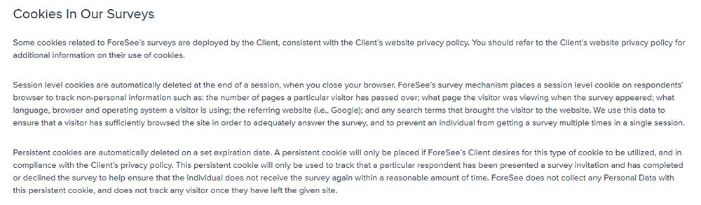 Foresee Privacy Policy: Cookies in Our Surveys clause