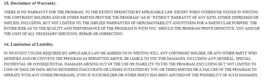 GNU General Public License: Disclaimer of Warranty and Limitation of Liability clauses