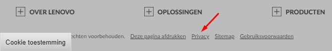 Lenovo: Dutch version of website showing Privacy Policy link in English