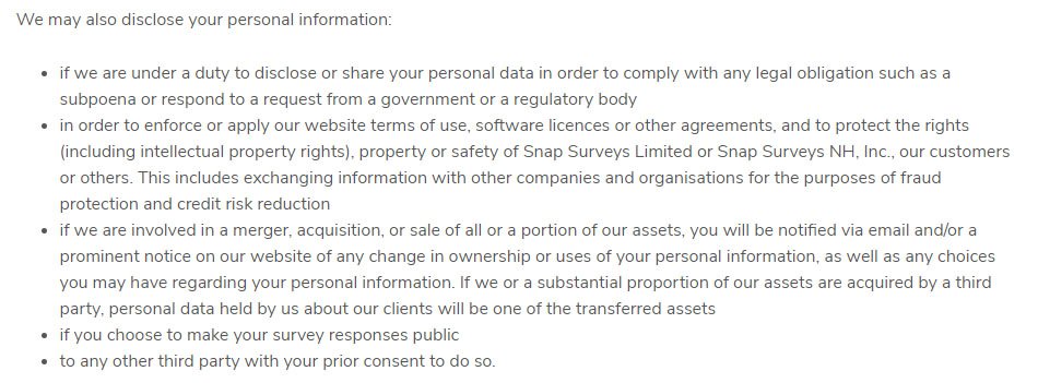 Snap Survey Privacy Policy: When personal information may be disclosed clause