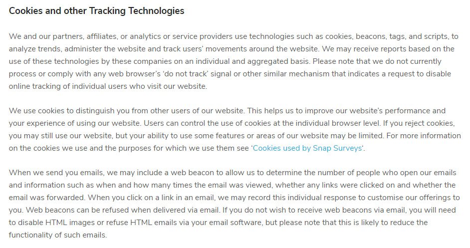 Snap Surveys Privacy Policy: Cookies and other Tracking Technologies clause